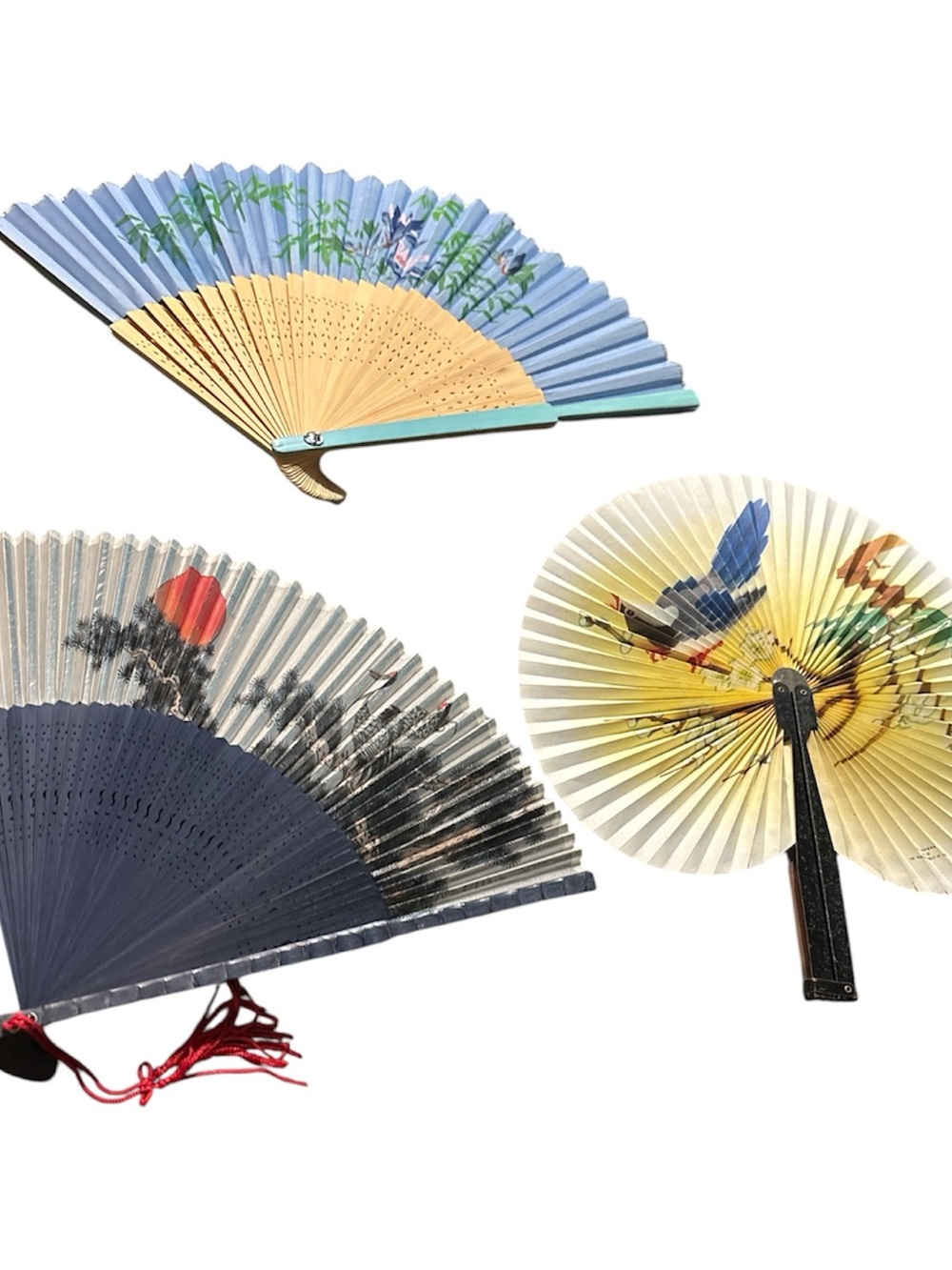 Traditional Folding Hand Fan - Blue, Beige & Cream - Decorative Bird Design